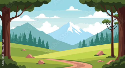 A scenic landscape illustration with mountains, trees, and a winding path