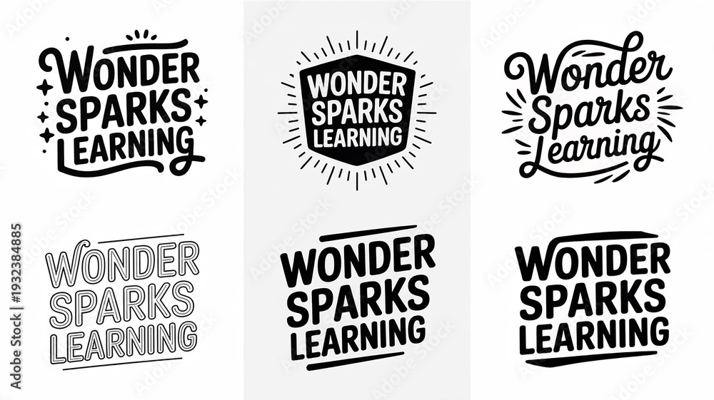 Obraz premium Six variations of the Wonder Sparks Learning logo in black and white typography lettering