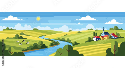A scenic panoramic view of a rural landscape with a river and a village