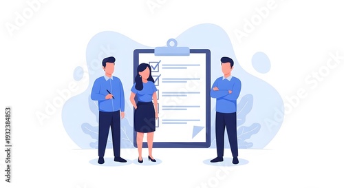 Three business professionals standing beside a large clipboard with a form