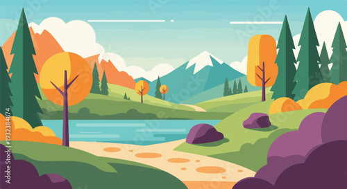 A scenic landscape of a lake, mountains, and trees