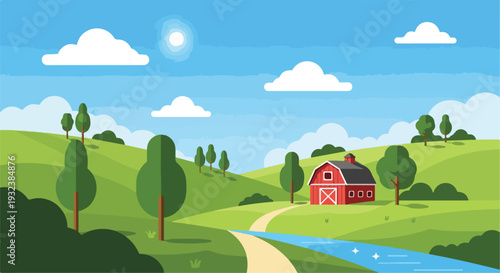 A scenic, pixelated landscape depicts a barn, trees, clouds, and a river