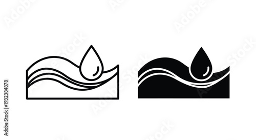 Two water drop icons one outlined one filled above wavy lines