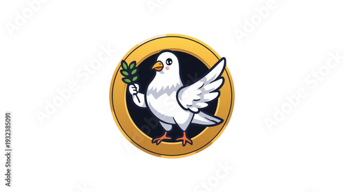 Peaceful White Dove Holding an Olive Branch in a Golden Circular Emblem Illustration