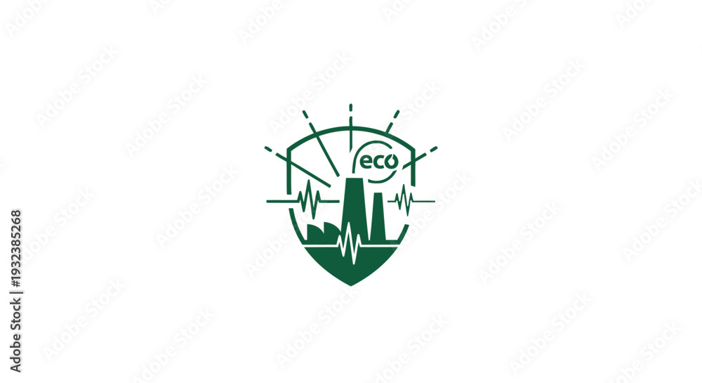 Obraz premium Green Eco Industry Shield Symbol with Heartbeat Line.