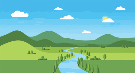 Acrylglasbilder Blau A scenic, pixelated landscape depicts mountains, a river, and a sunny sky  © Sanji