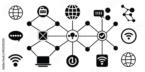 Network connection icons, global communication symbols, internet technology