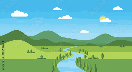 A scenic, pixelated landscape depicts mountains, a river, and a sunny sky