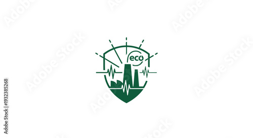 Green Eco Industry Shield Symbol with Heartbeat Line.