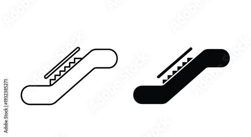 Two black escalator icons one outlined one filled depicting upward movement