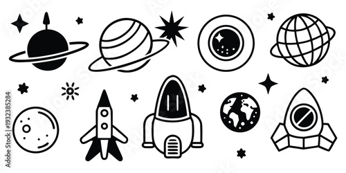 Space icons set with planets, rockets and stars