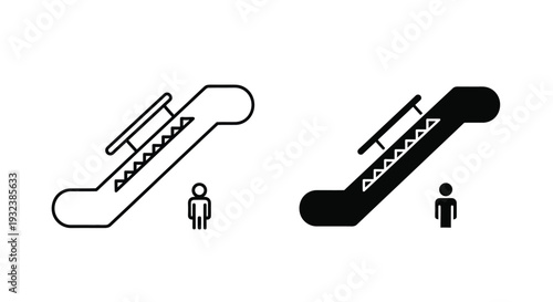 Escalator icon set outline and filled versions with a human figure