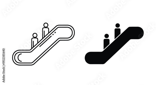 Escalator icons outline and solid fill depictions of people riding