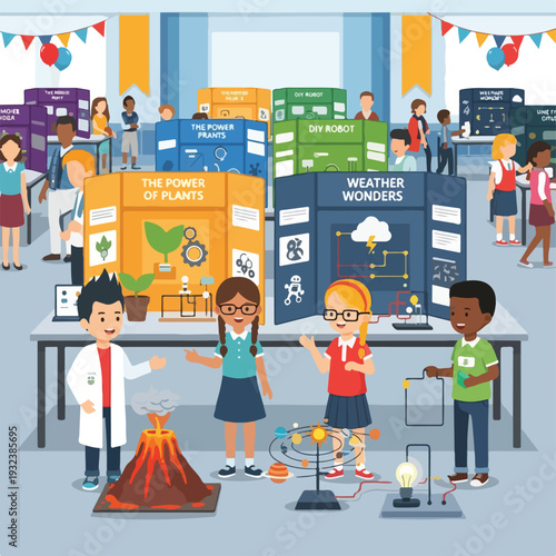 A school science fair illustration featuring children with displays and exhibits