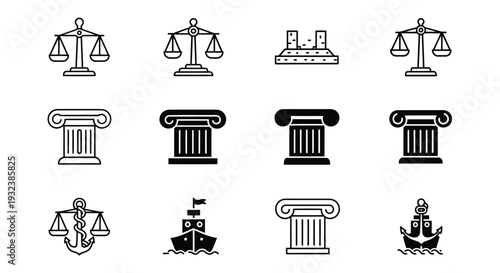 Black and white line icons depicting justice law and nautical themes