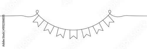 Continuous one line drawing of party bunting flags garland for celebration event decoration minimalist design. Editable stroke outline. Single contour art. Doodle hand drawn vector illustration