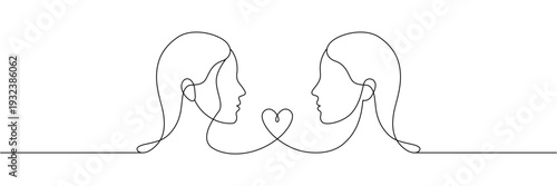 Continuous one line drawing of two women faces facing each other with heart symbol connection. Editable stroke outline. Single contour art. Doodle hand drawn vector illustration