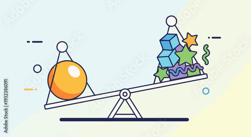 A seesaw with a ball and stacked shapes illustrates a concept