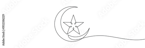 Continuous one line drawing of crescent moon and star symbol for Ramadan and Eid celebration. Editable stroke outline. Draw thin linear width. Single contour art. Doodle hand drawn vector illustration
