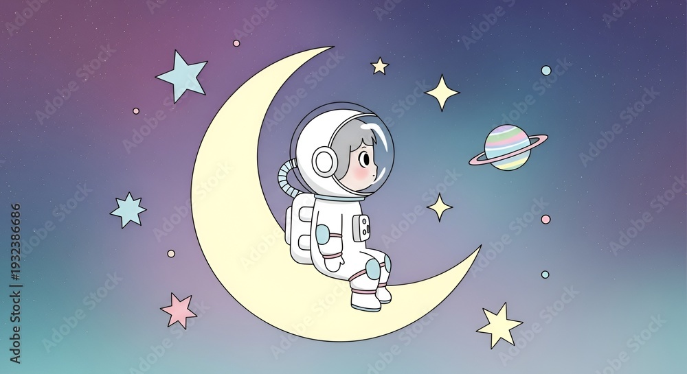 Naklejka premium Cute astronaut sitting on moon with stars and planets in space