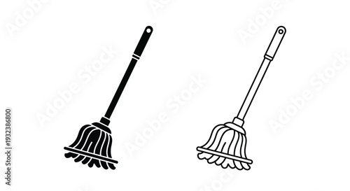 Two simple black and white illustrations of string mops side by side