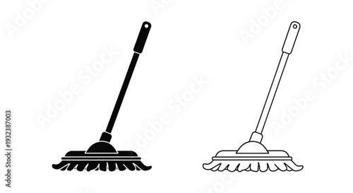 Two depictions of a push broom one solid black and one outline