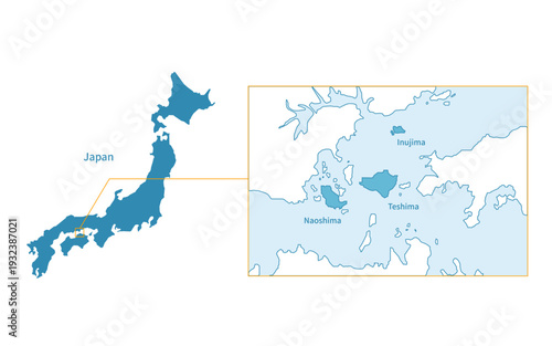 Map of Seto Inland Sea Islands, Naoshima, Teshima and Inujima, Japan.