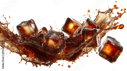 Splash of cola with ice cubes on a transparent background.