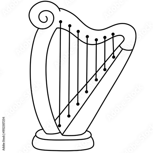 Wooden Celtic harp Doodle Outline Cartoon Hand Drawn