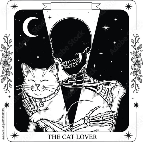 Black and white illustration of skeleton holding smiling cat with moon, stars, and floral decorations, gothic themed cat lover artwork