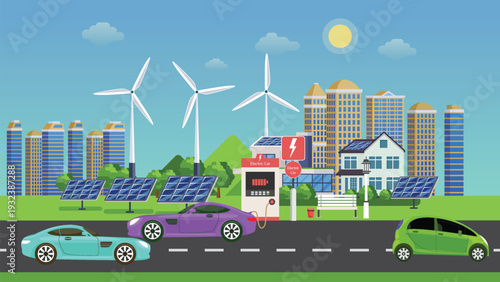 Electric cars charging at solar-powered station in futuristic eco-friendly city with wind turbines and skyline