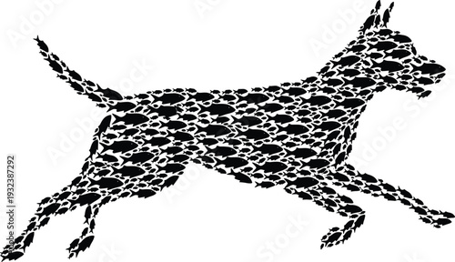Artistic silhouette illustration of running dog composed of multiple fish shapes, creative graphic design blending animals with nature symbolism
