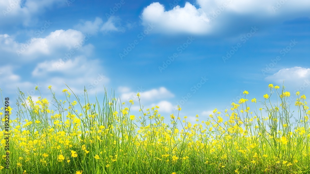 Fototapeta premium Beautiful grass and bright yellow flowers, a warm spring or summer natural scenery background, perfect for posters, presentations, and magazine covers.
