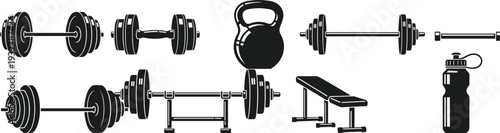 Black silhouette illustration of gym and fitness equipment including barbells, dumbbells, kettlebell, bench press, workout bench, and water bottle