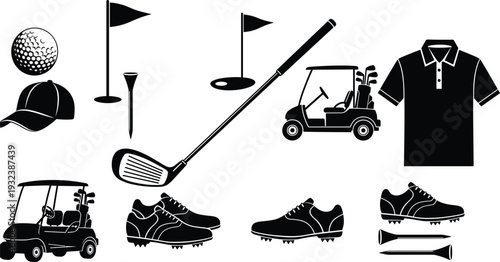 Black silhouette illustration of golf equipment and attire including ball, flags, tee, club, carts, shirt, cap, and shoes