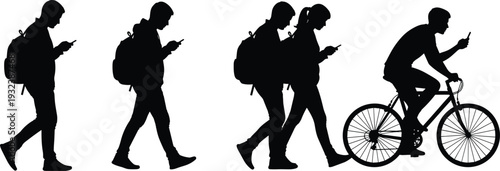 Black silhouette illustration of people walking with backpacks and riding bicycle while engrossed in smartphones representing modern technology use