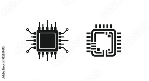 Two black microchip icons representing computer processing and technology