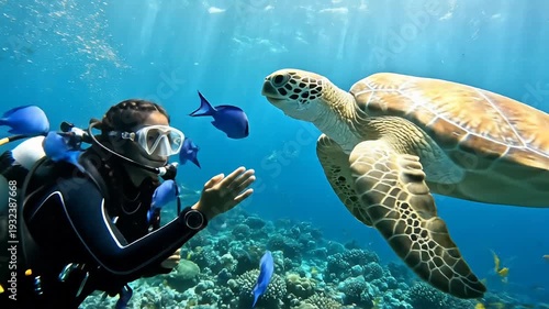 Scuba diver interacting with a sea turtle underwater amidst coral reef and fish