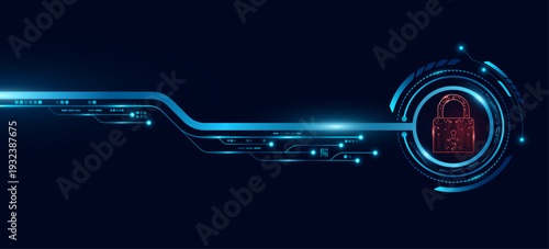 Cybersecurity background. Glowing red digital lock button with circuit lines and electronic elements. Futuristic UI design for data encryption and information security. Vector illustration.