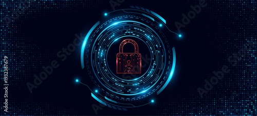 Cybersecurity background. Glowing red digital lock icon with HUD circle and electronic elements around. Futuristic UI design for data encryption and information security. Vector illustration.