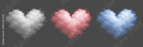 Set of colorful hearts clouds isolated on transparent background. Soft fluffy smoke forming romantic heart symbols with realistic vapor texture for Valentines Day or wedding invitations. Vector.