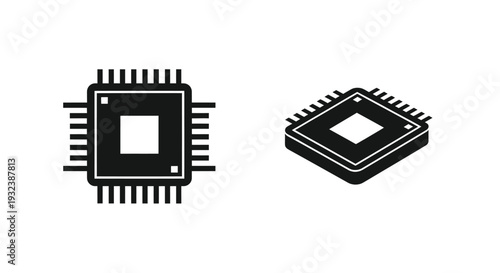 Two black and white depictions of a microchip or integrated circuit