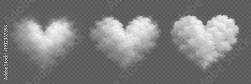 Set of white hearts clouds isolated on transparent background. Soft fluffy smoke forming romantic heart symbols with realistic vapor texture for Valentines Day or wedding invitations. Vector.