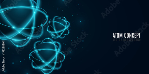 Abstract glowing blue atoms with elliptical rings circling a radiant central core on dark background. Atomic structure backdrop for scientific research presentation. Vector illustration.