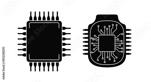 Microchip and smartwatch circuit board design in black and white