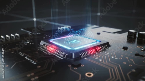 Futuristic Circuit Board with Glowing Microchip and Digital Energy Flow on Dark Background