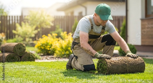 White adult male gardener wearing green overalls and cap laying fresh grass sod rolls in a sunny backyard, professional landscaping service during the morning, outdoors garden renovation concept