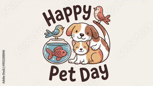 Happy pet day illustration with dog cat fish and birds celebrating friendship and pets