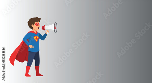 Superhero with megaphone announces important news with determined expression, conveying a message of urgency and action. Dynamic pose suggests power and heroism