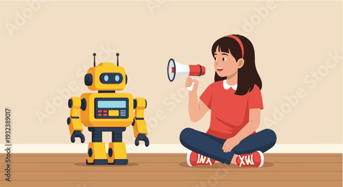 Child communicating with a friendly robot using a megaphone, showcasing future technology and human-robot interaction in a playful, educational setting